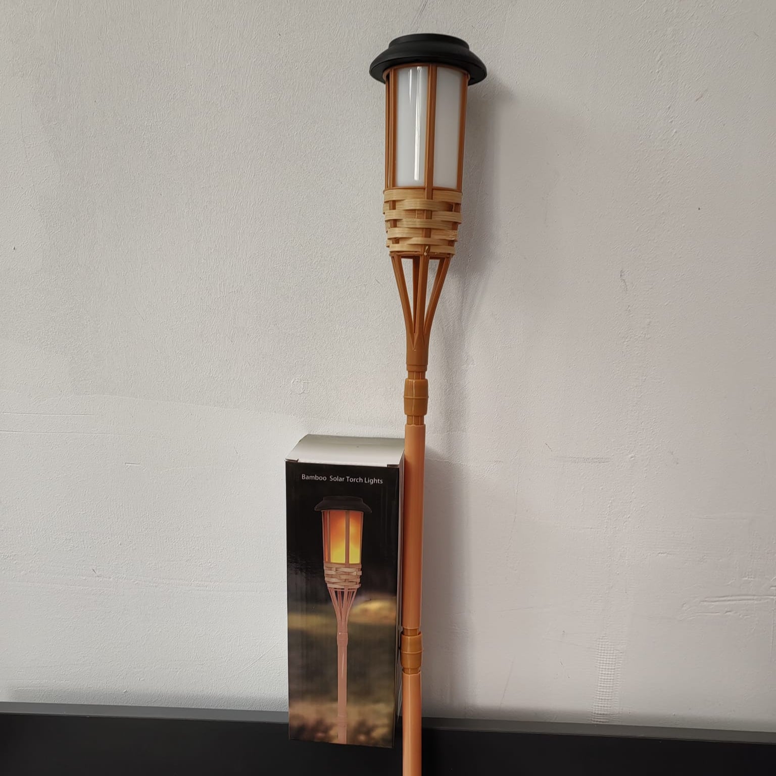 Decorative solar light with bamboo insertions, 9cm x 9cm x 60cm