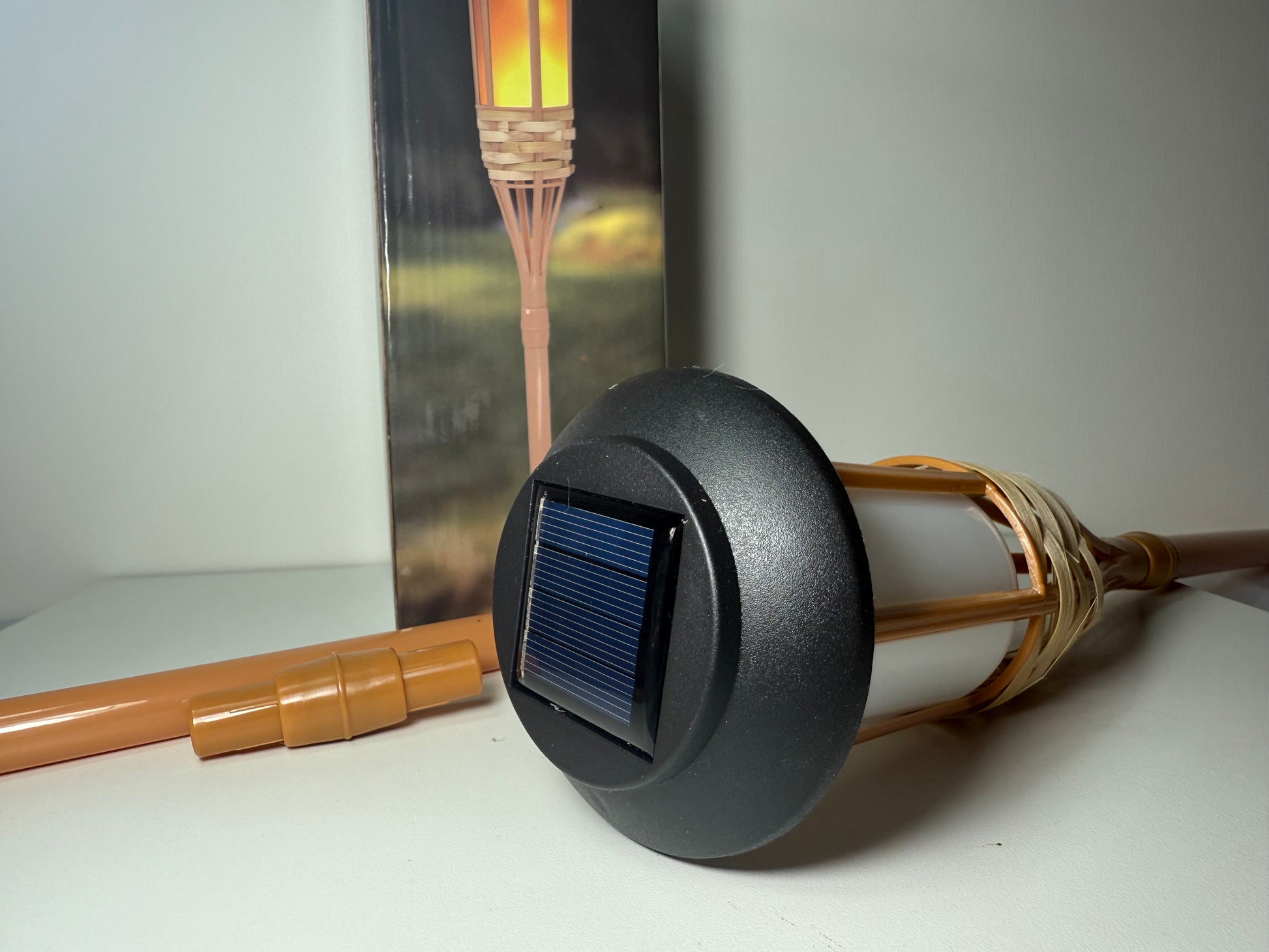 Decorative solar light with bamboo insertions, 9cm x 9cm x 60cm