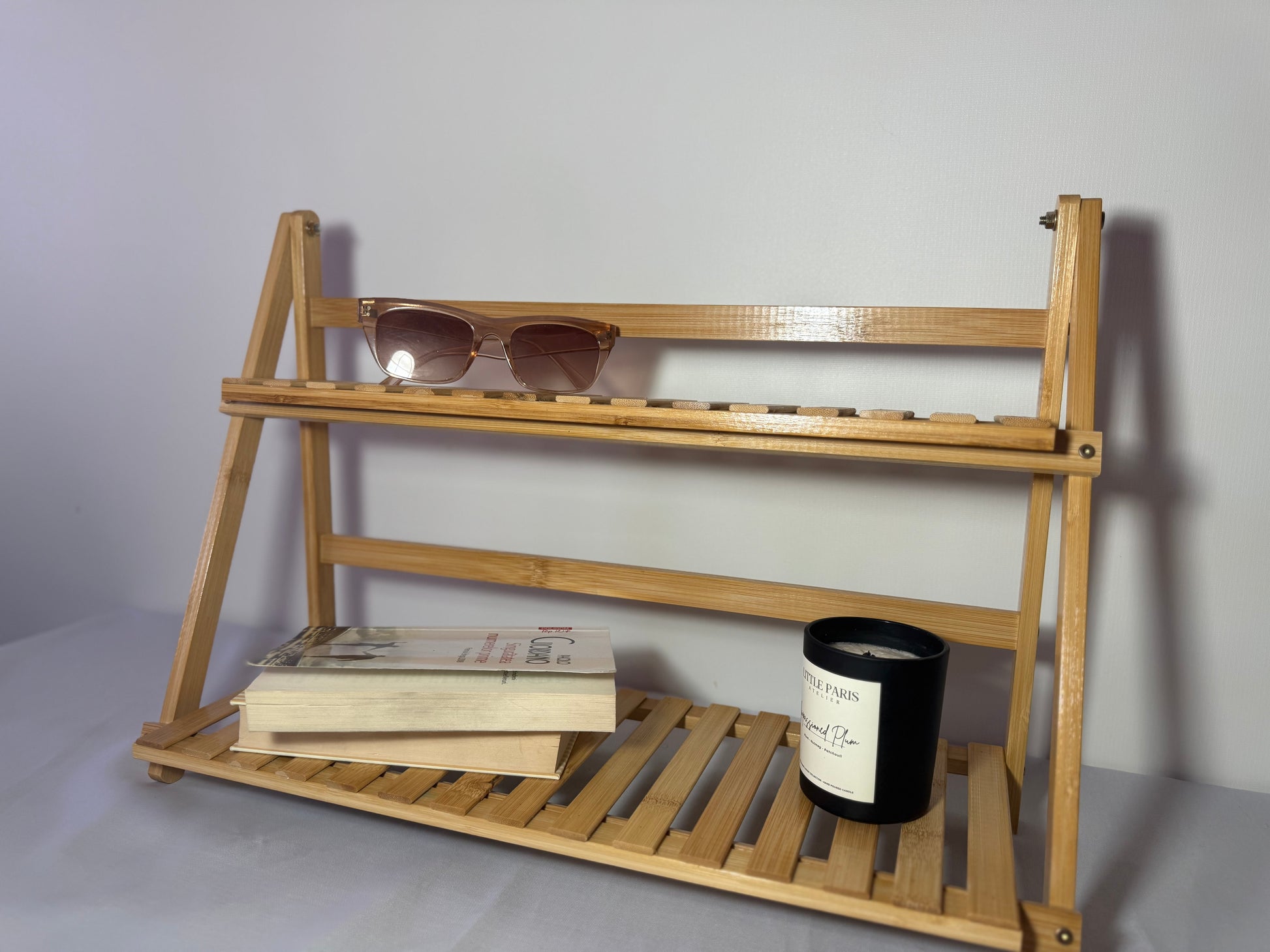 Desktop bamboo storage rack with 2 levels, 50cm x 18cm x 35cm