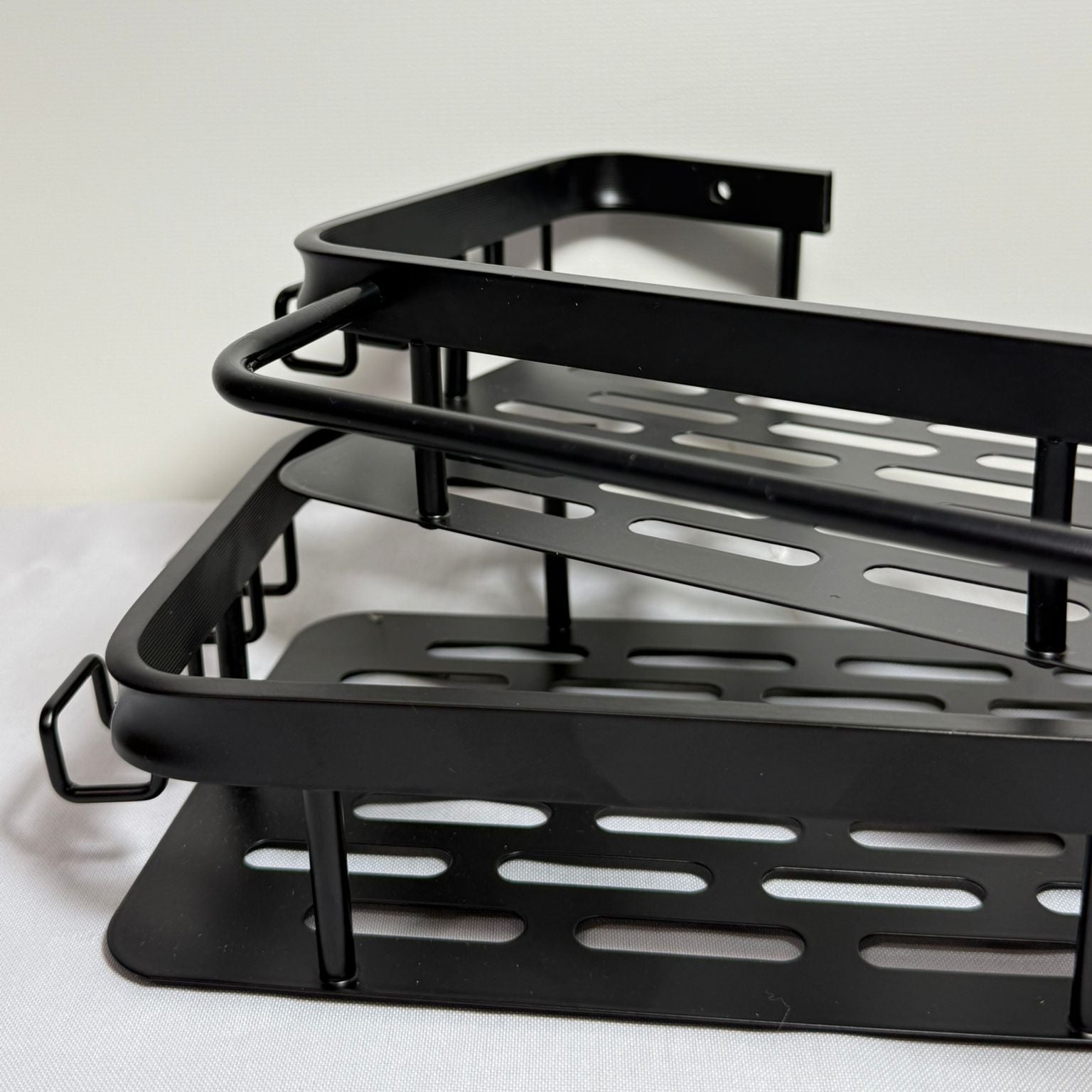 Bathroom shelving unit with 2 shelves, Installation with adhesive band, 30cm x 13cm x 5 cm, Black