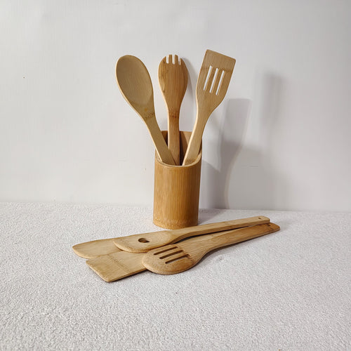 Set 7 ustensile de bucatarie cu suport din bambus, 30cm x 8cm