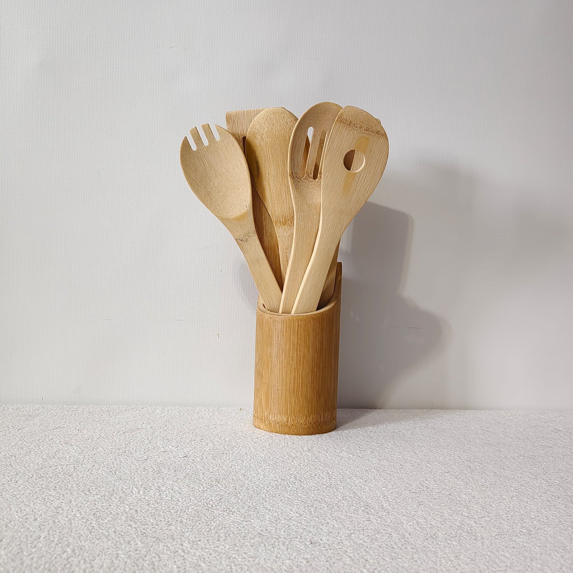 7 bamboo kitchen utensils with bamboo holder set, 30cm x 8cm