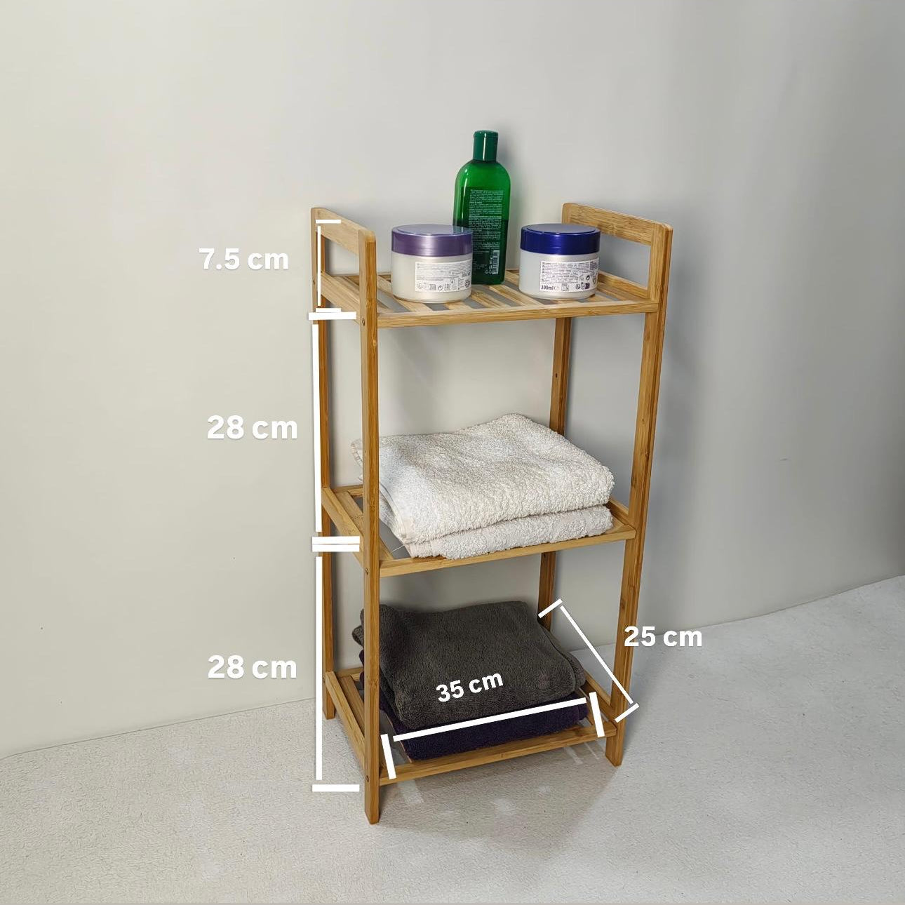Etajera deschisa cu 3 polite din bambus, 35cm x 25cm x 71cm