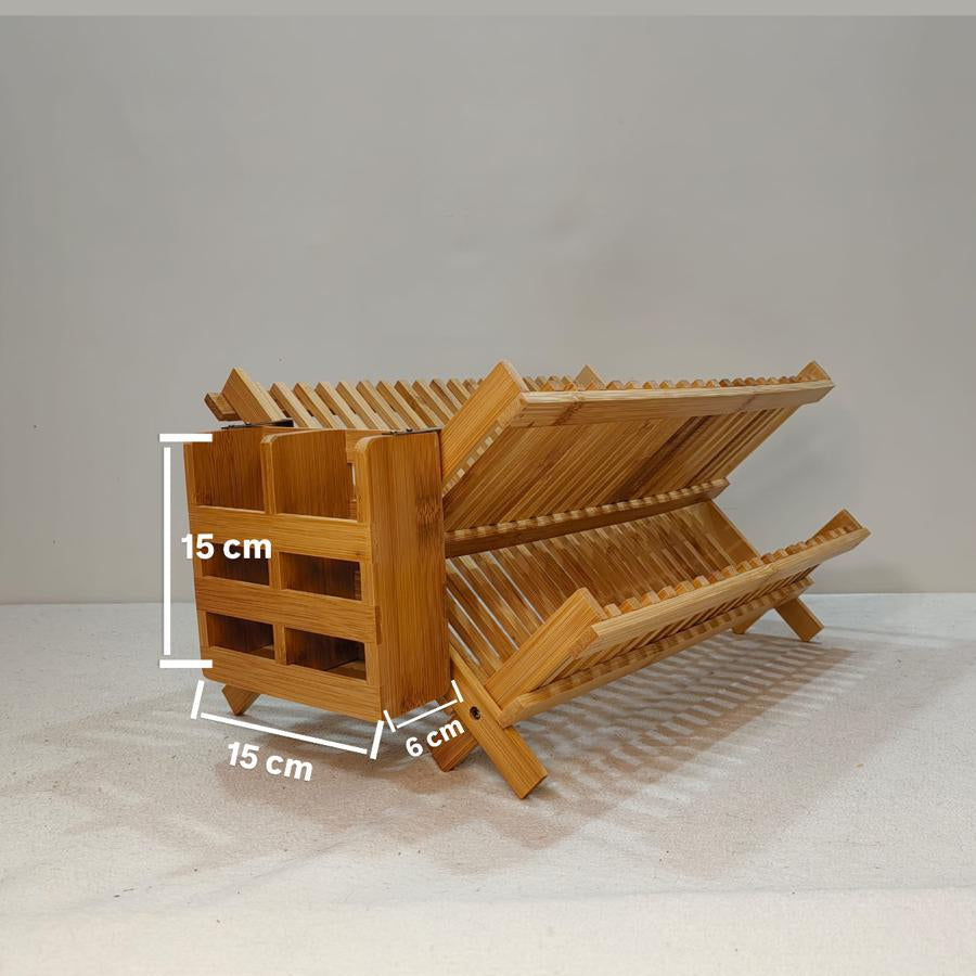 Suport/Scurgator pentru vase din bambus cu compartiment lateral pentru tacamuri, 44cm x 30cm x 24cm